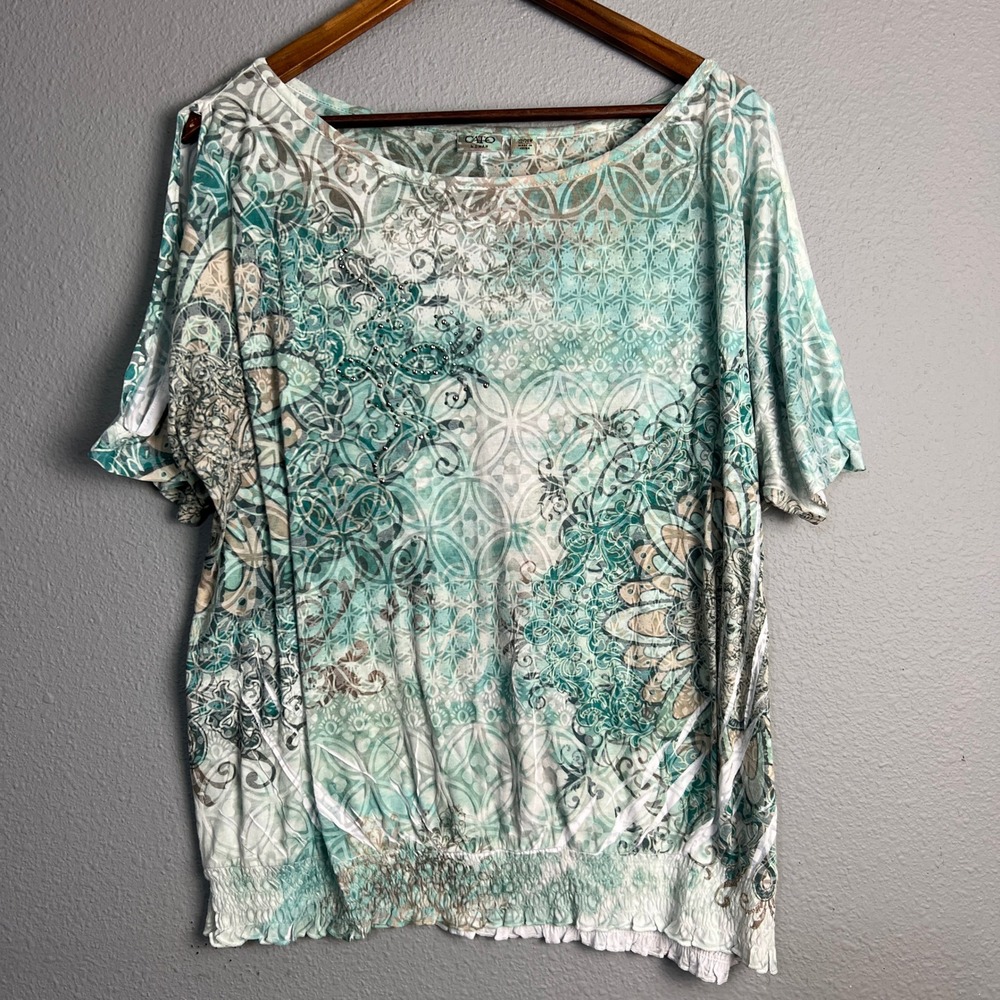 Cato Woman Teal Print‎ Cold Shoulder Top Plus Size Rouched Hem Blouse 22/24W